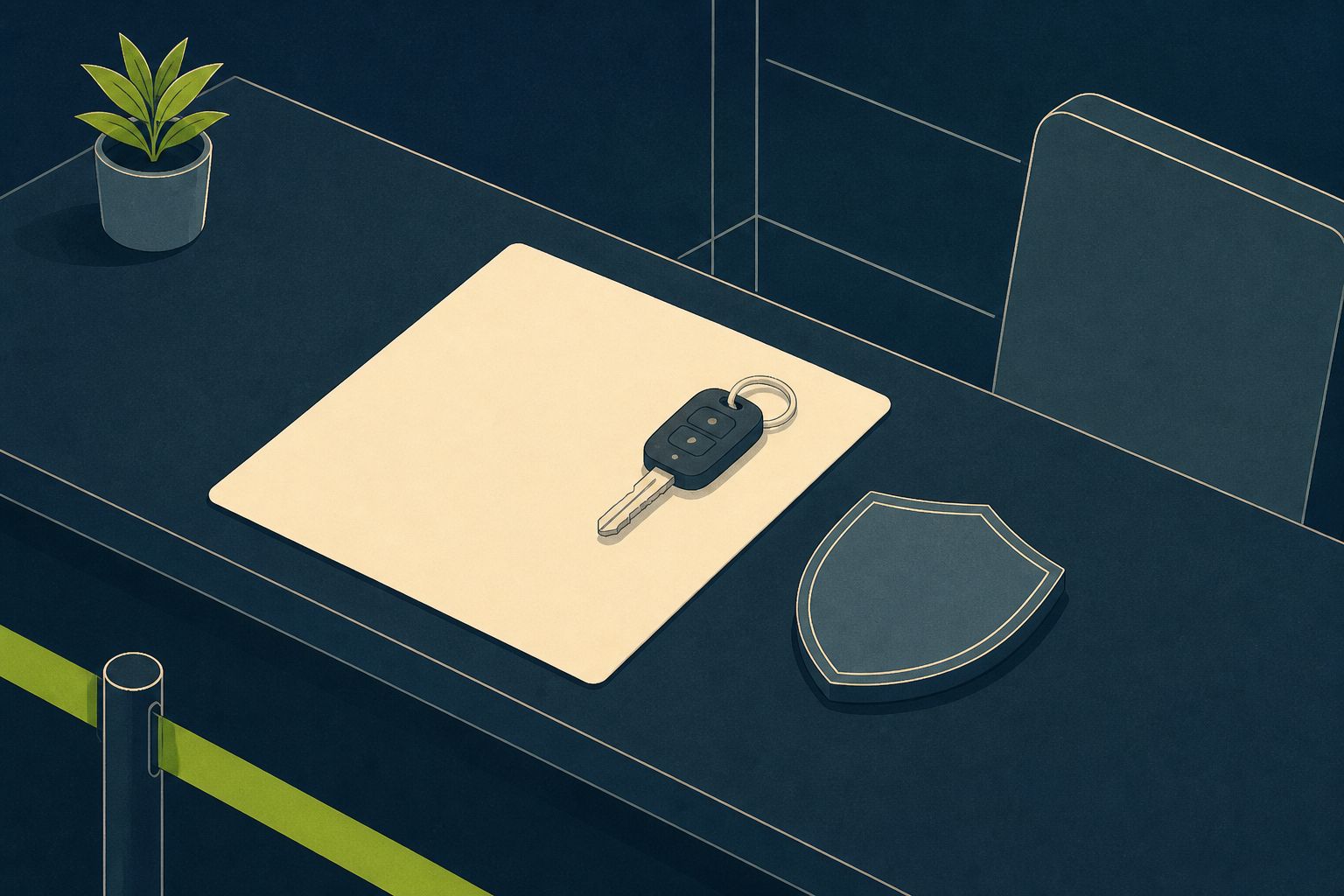 Illustrazione di un banco noleggio con contratto e chiave